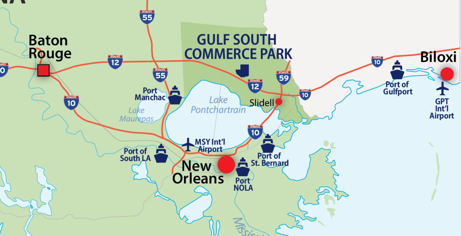 A map showing the strategic business connectivity points in the St. Tammany area. A map showing the strategic business connectivity points in the St. Tammany area.